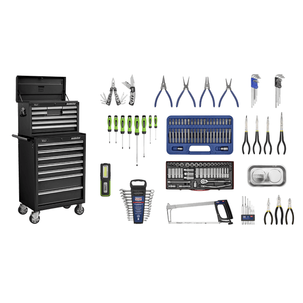 Sealey Combo Kits 15 Drawer Topchest & Rollcab Combination with Ball-Bearing Slides - Black & 148pc Tool Kit-APCOMBOBBTK58 5051747522114 APCOMBOBBTK58 - Buy Direct from Spare and Square