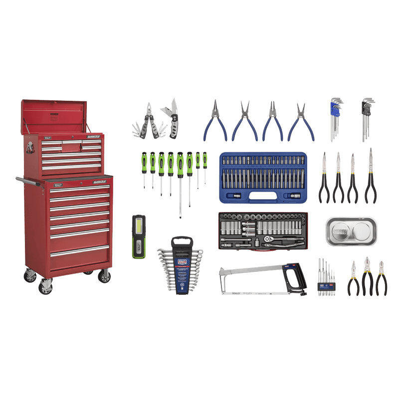Sealey Combo Kits 15 Drawer Topchest & Rollcab Combination with Ball-Bearing Slides - Red with 147pc Tool Kit-APCOMBOBBTK57 5051747522107 APCOMBOBBTK57 - Buy Direct from Spare and Square