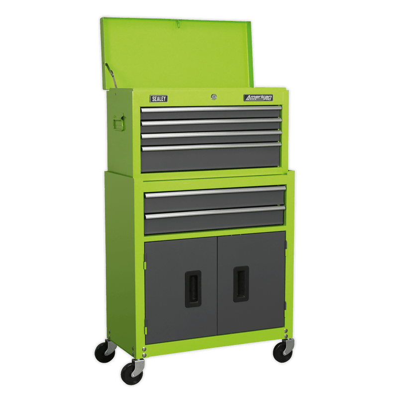 Sealey Combo Kits 6 Drawer Topchest & Rollcab Combination with Ball-Bearing Slides - Hi-Vis Green/Grey & 170pc Tool Kit-AP2200COMBOHV 5054511123937 AP2200COMBOHV - Buy Direct from Spare and Square