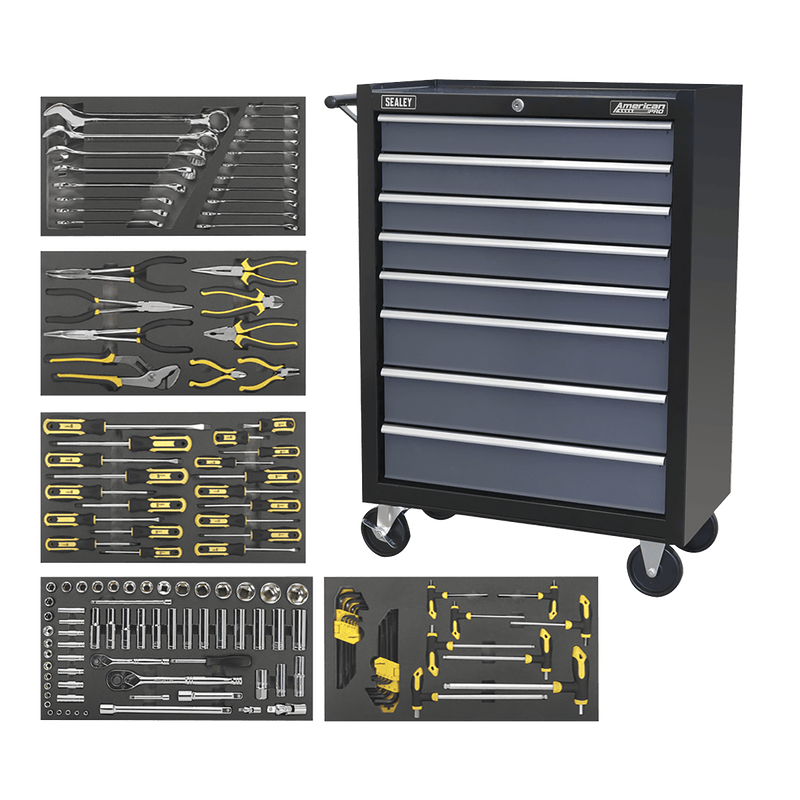 Sealey Combo Kits 8 Drawer Rollcab with Ball-Bearing Slides & 136pc Tool Kit - Black/Grey-AP35TBCOMBO3 5054511322729 AP35TBCOMBO3 - Buy Direct from Spare and Square