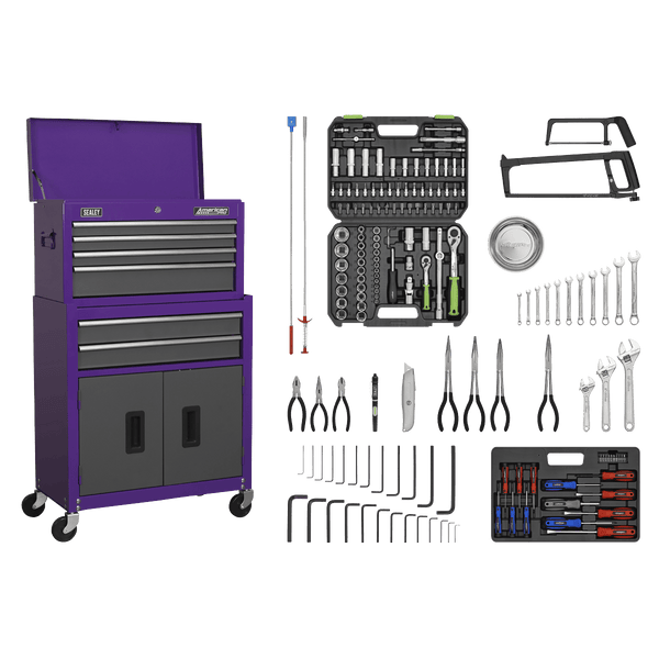 Sealey Combo Kits Topchest & Rollcab Combination 6 Drawer with Ball-Bearing Slides - Purple/Grey & 170pc Tool Kit-AP2200COMBOCP 5054511123920 AP2200COMBOCP - Buy Direct from Spare and Square
