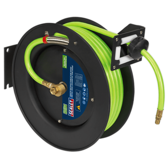 Sealey Compressor Hose Sealey Retractable High Visibility Air Hose Reel - 15m - 10mm ID TPR Hose SA841HV - Buy Direct from Spare and Square