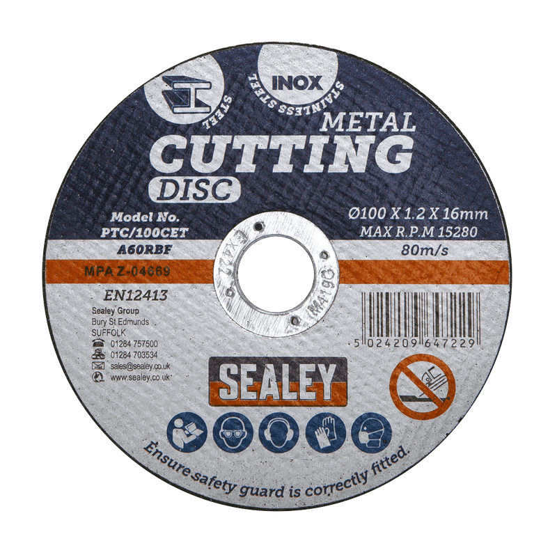 Sealey Cutting Discs Ø100 x 1.2mm Cutting Disc Ø16mm Bore-PTC/100CET 5024209647229 PTC/100CET - Buy Direct from Spare and Square