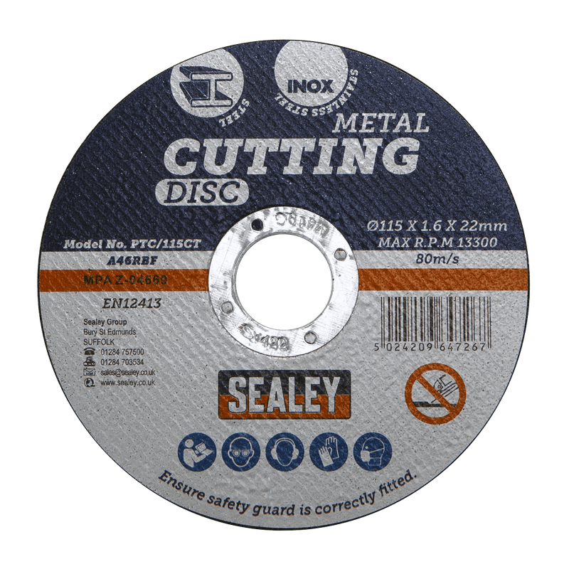 Sealey Cutting Discs Ø115 x 1.6mm Cutting Disc Ø22mm Bore-PTC/115CT 5024209647267 PTC/115CT - Buy Direct from Spare and Square