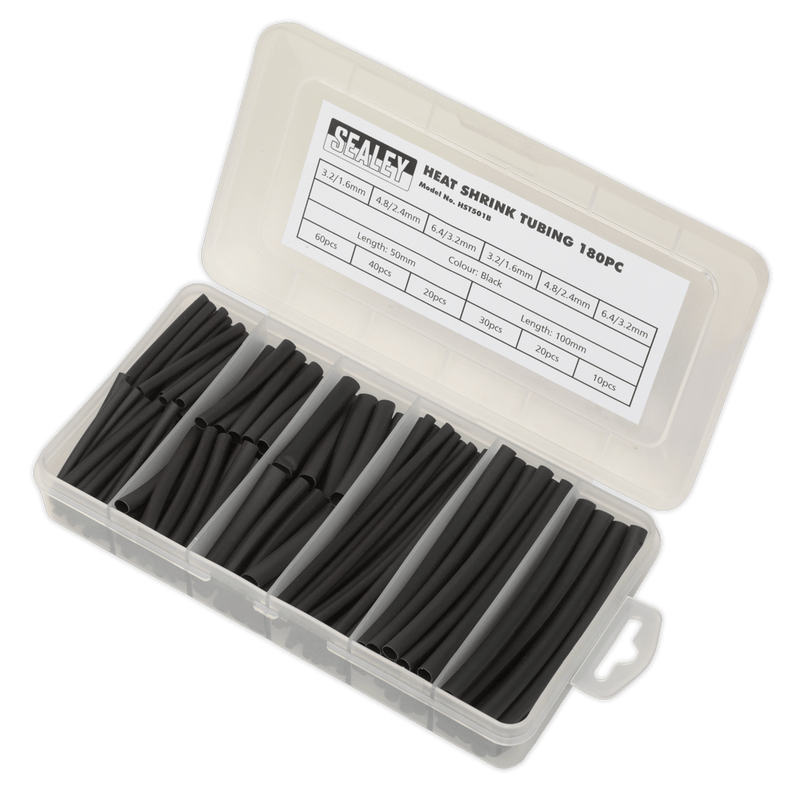 Sealey Electrical 180pc 50 & 100mm Heat Shrink Tubing Assortment - Black-HST501B 5054511004618 HST501B - Buy Direct from Spare and Square