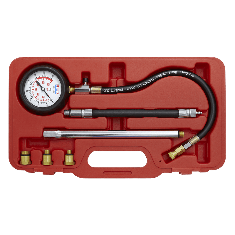 Sealey Engine 6pc Petrol Engine Compression Tester - Deluxe Kit-VSE300D 5051747552203 VSE300D - Buy Direct from Spare and Square
