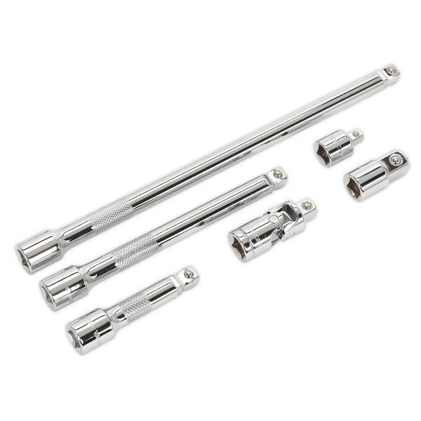 Sealey Extension Bars 6pc 3/8"Sq Drive Wobble/Rigid Extension Bar, Adaptor & Universal Joint Set-AK7690 5054511211054 AK7690 - Buy Direct from Spare and Square