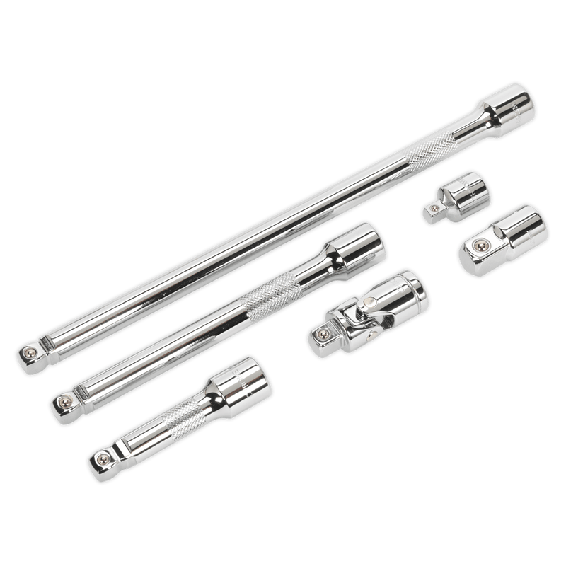 Sealey Extension Bars 6pc 3/8"Sq Drive Wobble/Rigid Extension Bar, Adaptor & Universal Joint Set-AK7690 5054511211054 AK7690 - Buy Direct from Spare and Square