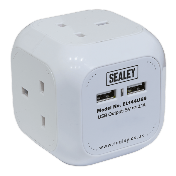 Sealey Extension Leads & Plugs 1.4m Powercube Extension Cable 4 x 230V & 2 x USB Sockets - White-EL144USB 5054511266375 EL144USB - Buy Direct from Spare and Square