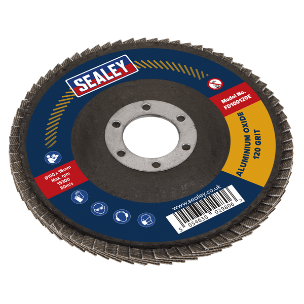 Sealey Flap Discs Ø100mm Aluminium Oxide Flap Disc Ø16mm Bore 120Grit-FD100120E 5054630029806 FD100120E - Buy Direct from Spare and Square