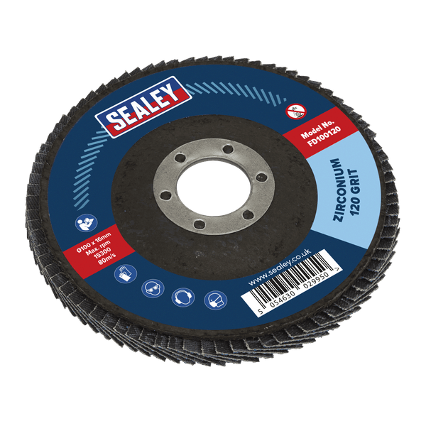 Sealey Flap Discs Ø100mm Zirconium Flap Disc Ø16mm Bore 120Grit-FD100120 5054630029950 FD100120 - Buy Direct from Spare and Square