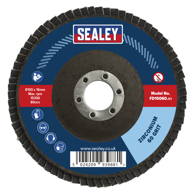 Sealey Flap Discs Ø100mm Zirconium Flap Disc Ø16mm Bore 60Grit-FD10060 5054630084300 FD10060 - Buy Direct from Spare and Square