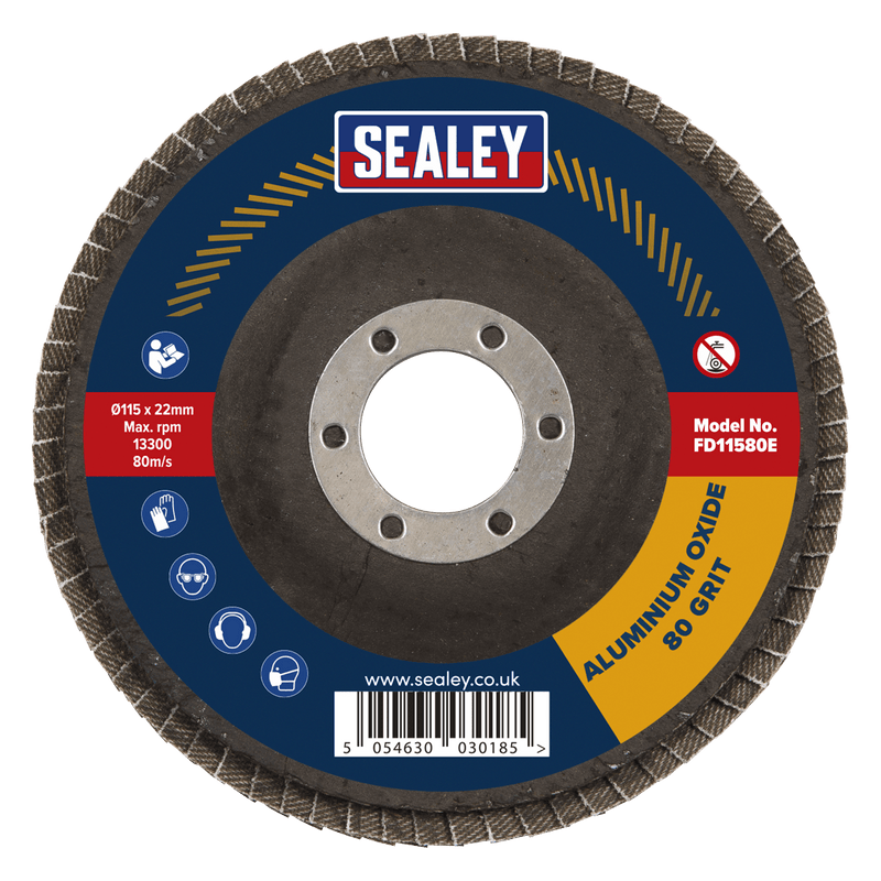 Sealey Flap Discs Ø115mm Aluminium Oxide Flap Disc Ø22mm Bore 80Grit-FD11580E 5054630030185 FD11580E - Buy Direct from Spare and Square