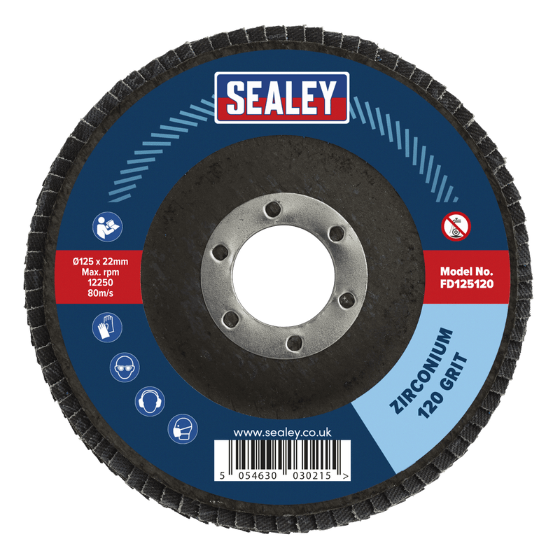 Sealey Flap Discs Ø125mm Zirconium Flap Disc Ø22mm Bore 120Grit-FD125120 5054630030215 FD125120 - Buy Direct from Spare and Square