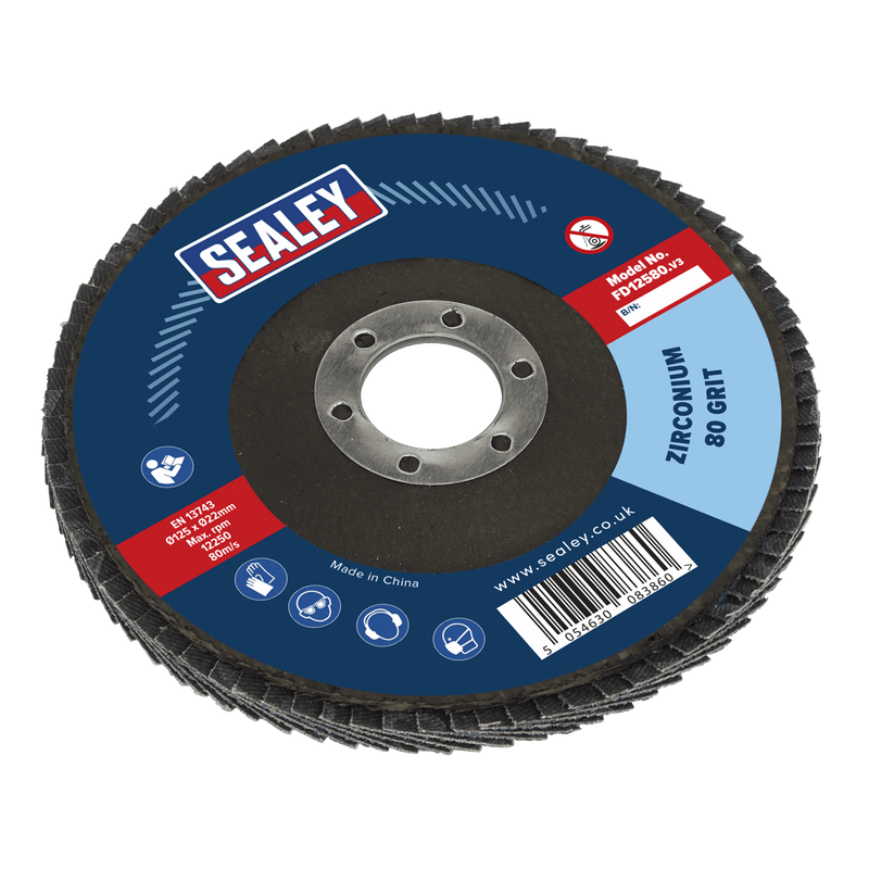 Sealey Flap Discs Ø125mm Zirconium Flap Disc Ø22mm Bore 80Grit-FD12580 5054630083860 FD12580 - Buy Direct from Spare and Square