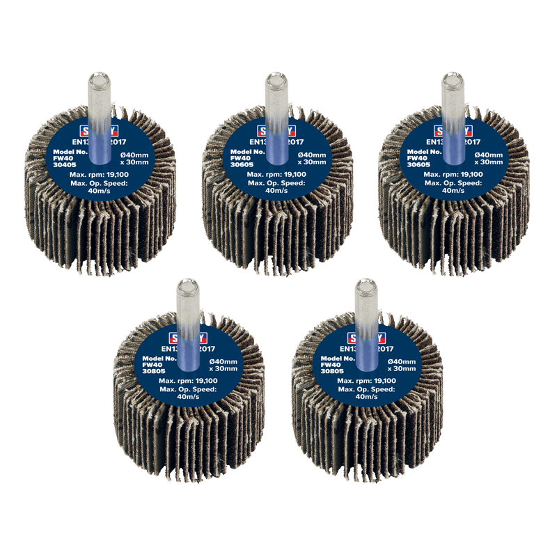 Sealey Flap Wheels Ø40 x 30mm Flap Wheel Ø6mm Shaft Assorted Grit - Pack of 5-FW4030ASS 5054630101779 FW4030ASS - Buy Direct from Spare and Square