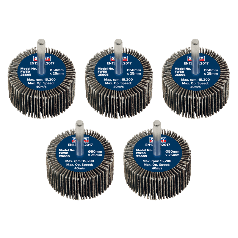 Sealey Flap Wheels Ø50 x 25mm 6mm Shaft Flap Wheel 60Grit - Pack of 5-FW5025605 5054630101236 FW5025605 - Buy Direct from Spare and Square