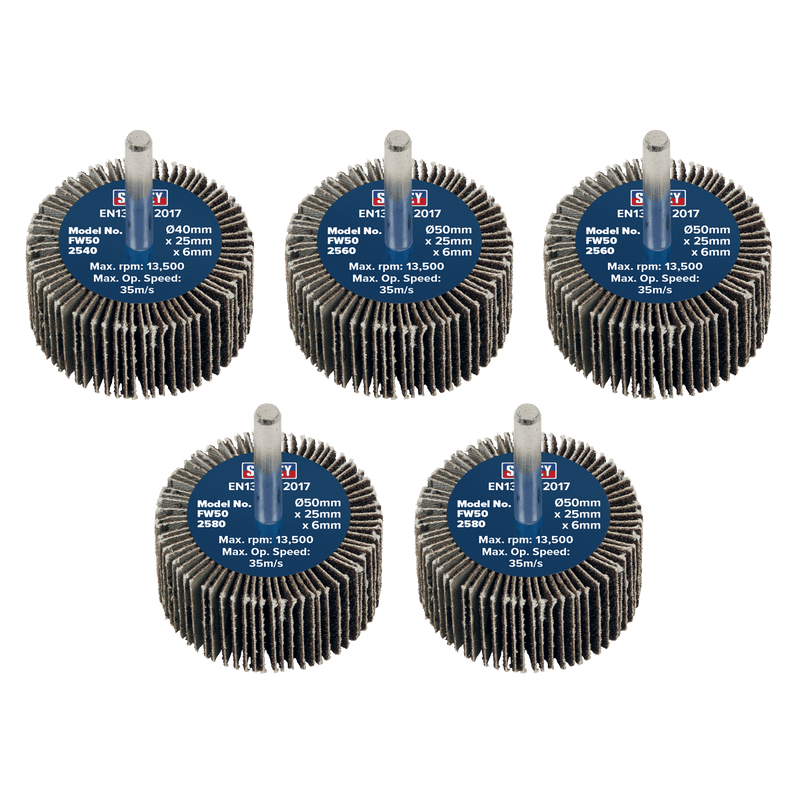 Sealey Flap Wheels Ø50 x 25mm Flap Wheel Ø6mm Shaft Assorted Grit - Pack of 5-FW5025ASS 5054630101687 FW5025ASS - Buy Direct from Spare and Square