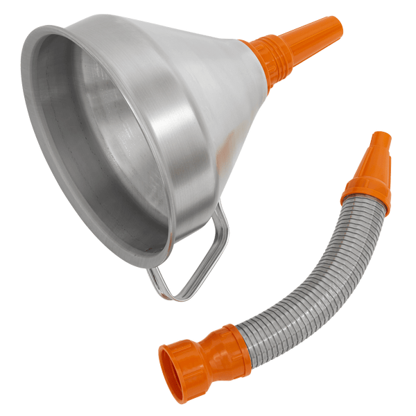 Sealey Funnels Ø200mm Metal Funnel with Flexible Spout & Filter-FM20F 5024209815802 FM20F - Buy Direct from Spare and Square