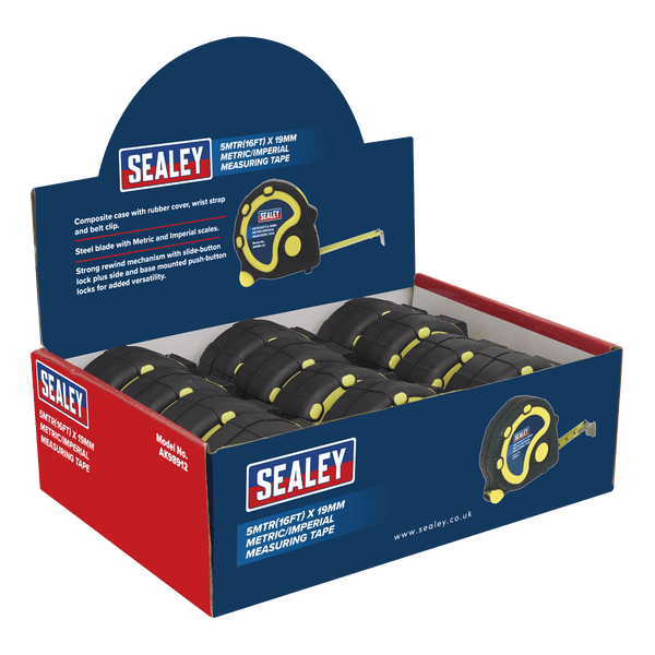 Sealey Measuring 5m(16ft) x 19mm Tape Measure - Metric/Imperial - Display Box of 12-AK98912 5024209534321 AK98912 - Buy Direct from Spare and Square