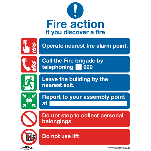 Sealey Safety Signs Fire Action With Lift - Safe Conditions Safety Sign - Rigid Plastic - Pack of 10-SS19P10 5054511990751 SS19P10 - Buy Direct from Spare and Square