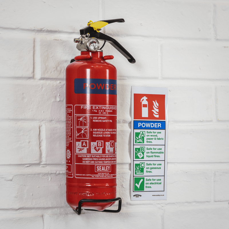 Sealey Safety Signs Powder Fire Extinguisher - Safe Conditions Safety Sign - Self-Adhesive Vinyl -Pack of 10-SS52V10 5054630102110 SS52V10 - Buy Direct from Spare and Square