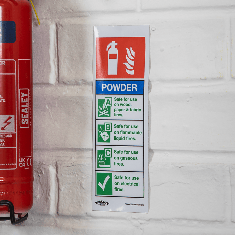 Sealey Safety Signs Powder Fire Extinguisher - Safe Conditions Safety Sign - Self-Adhesive Vinyl-SS52V1 5054630102141 SS52V1 - Buy Direct from Spare and Square
