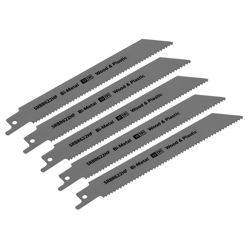 Sealey Saw Blades 150mm 10tpi Reciprocating Saw Blade Wood & Plastics - Pack of 5-SRBR622HF 5054511815658 SRBR622HF - Buy Direct from Spare and Square