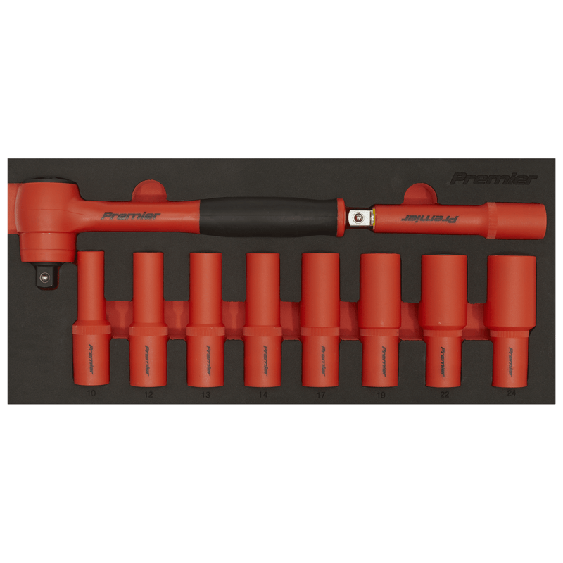 Sealey Socket & Bit Sets 10pc 1/2"Sq Drive Insulated Socket Set with Tool Tray - VDE Approved-TBTE11 5054630244452 TBTE11 - Buy Direct from Spare and Square