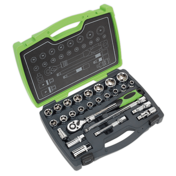 Sealey Socket Set 26 Piece 1/2" Drive Socket Set With Extending Ratchet Wrench - Lifetime Guarantee AK7961 - Buy Direct from Spare and Square