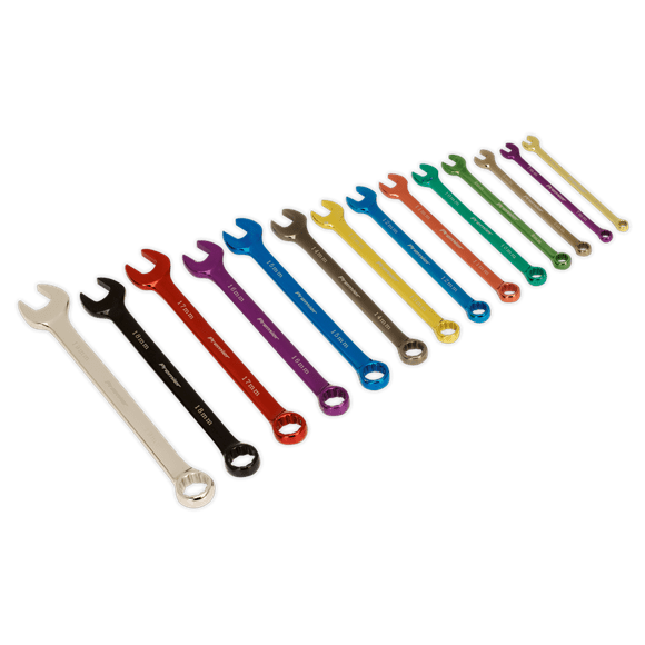 Sealey Spanner 14 Piece Multi-Coloured Metric Combination Spanner Set - Lifetime Guarantee AK6314 - Buy Direct from Spare and Square