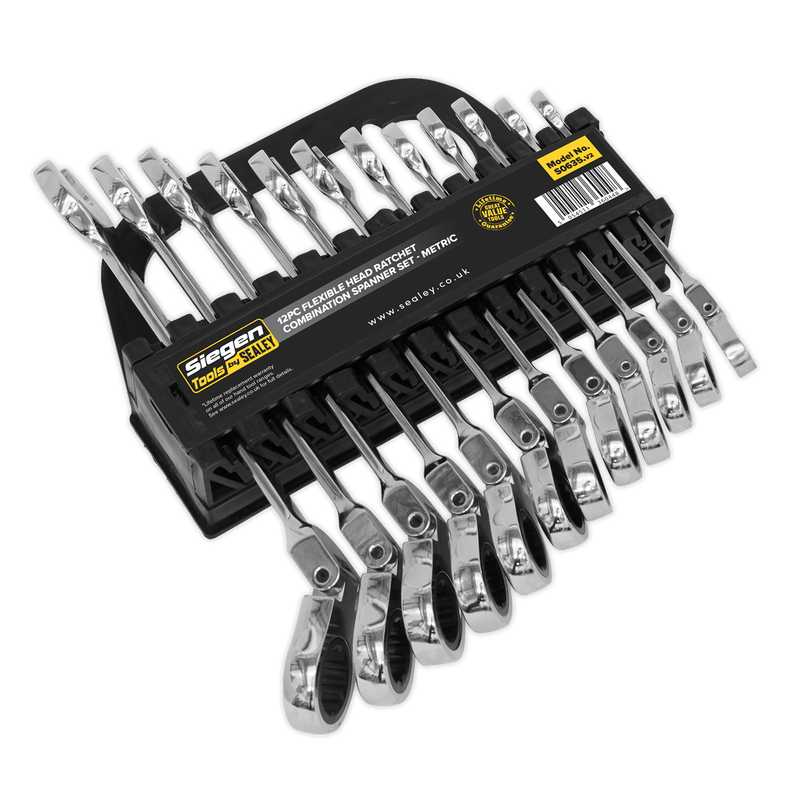 Sealey Spanners 12pc Flexi-Head Combination Ratchet Spanner Set-S0635 5054511360448 S0635 - Buy Direct from Spare and Square