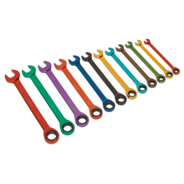 Sealey Spanners 12pc Multi-Coloured Combination Ratchet Spanner Set-S01075 5051747997738 S01075 - Buy Direct from Spare and Square