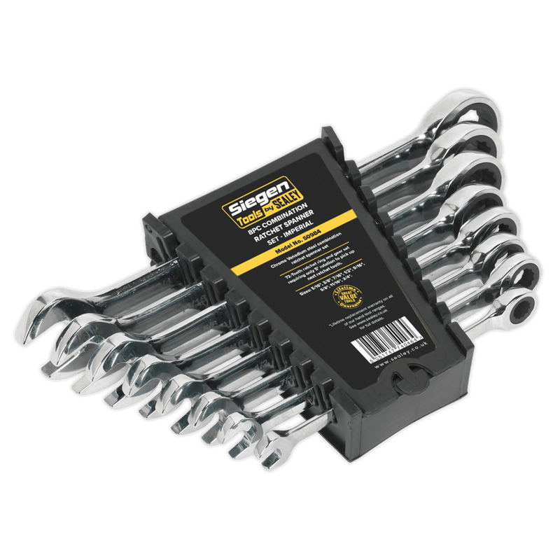Sealey Spanners 8pc Combination Ratchet Spanner Set - Imperial-S0984 5051747740464 S0984 - Buy Direct from Spare and Square