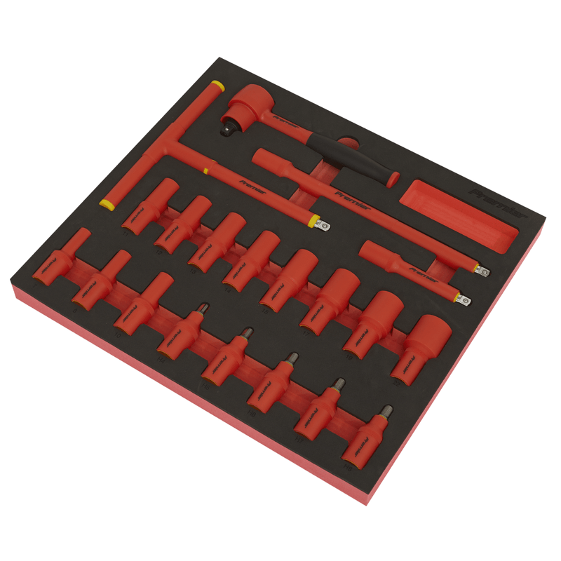 Sealey Specialised Bits & Sockets 20pc 3/8"Sq Drive Insulated Socket Set with Tool Tray - VDE Approved-TBTE02 5054630244445 TBTE02 - Buy Direct from Spare and Square