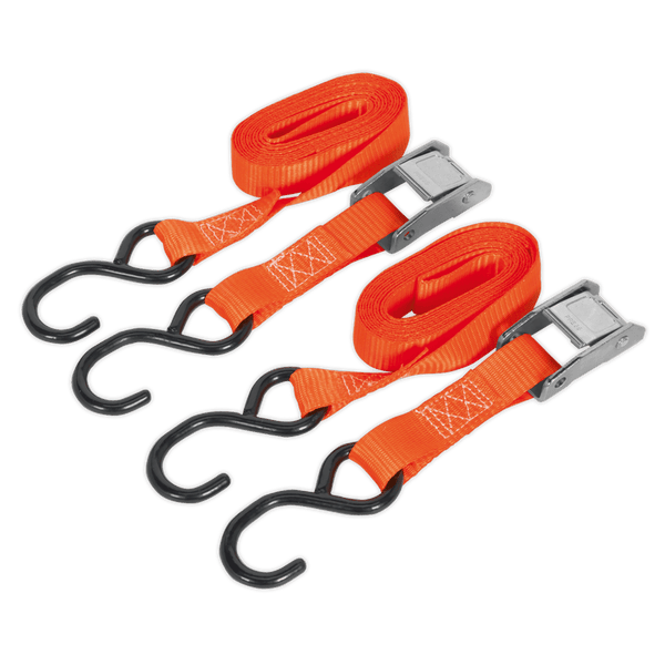 Sealey Tie Downs 25mm x 2.5m Polyester Webbing Cam Buckle Strap with S-Hooks 250kg Breaking Strength-TD2525CS 5051747807419 TD2525CS - Buy Direct from Spare and Square