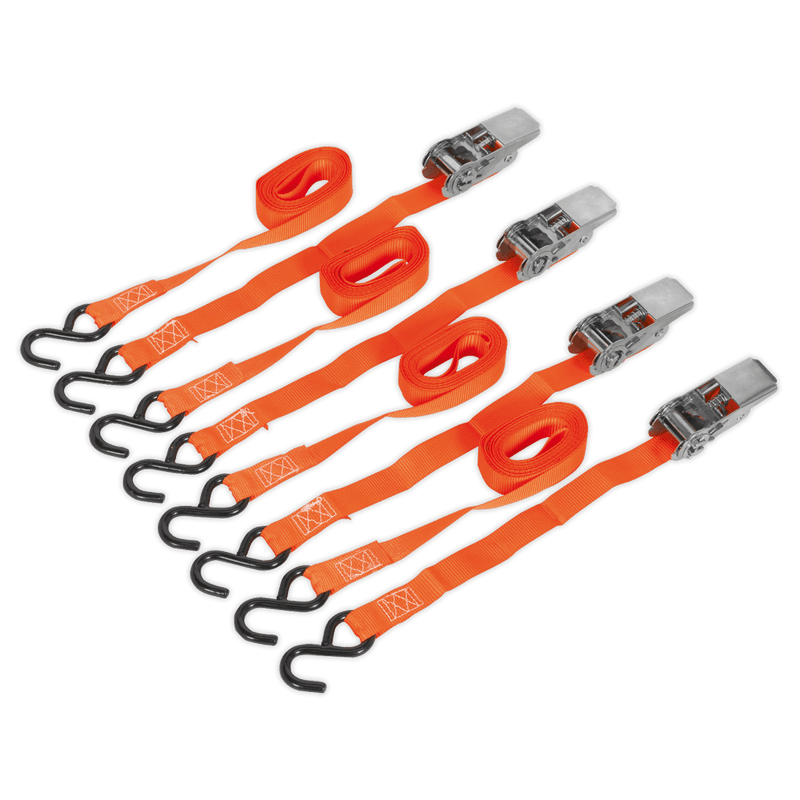 Sealey Tie Downs 25mm x 4m Polyester Webbing Ratchet Straps with S-Hooks 500kg Breaking Strength - 2 Pairs-TD0540S4 5051747807402 TD0540S4 - Buy Direct from Spare and Square