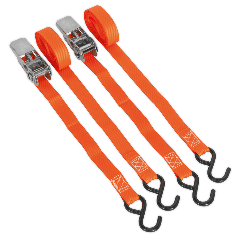 Sealey Tie Downs 25mm x 4m Polyester Webbing Ratchet Straps with S-Hooks 500kg Breaking Strength - Pair-TD0540S2 5051747807396 TD0540S2 - Buy Direct from Spare and Square