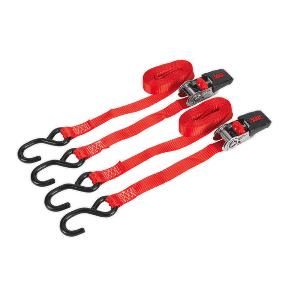 Sealey Tie Downs 25mm x 4m Polyester Webbing Ratchet Straps with S-Hooks 800kg Breaking Strength - Pair-TD284SD 5054511148466 TD284SD - Buy Direct from Spare and Square