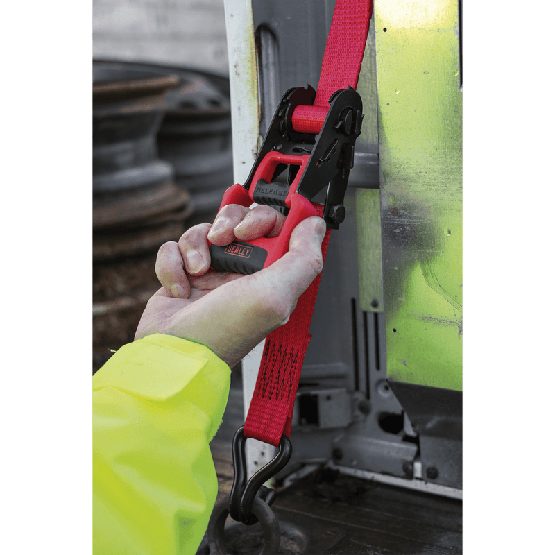 Sealey Tie Downs 32mm x 4.9m Polyester Webbing Ratchet Straps with J-Hooks 1200kg Breaking Strength - 2 Pairs-TD41248JD 5054511148480 TD41248JD - Buy Direct from Spare and Square
