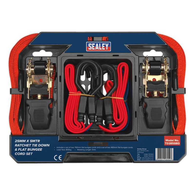 Sealey Tie Downs 6pc Ratchet Strap & Flat Bungee Cord Set-TD285SBD 5054511164527 TD285SBD - Buy Direct from Spare and Square