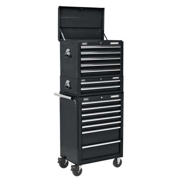 Sealey Tool Chests 14 Drawer Topchest, Mid-Box & Rollcab Combination with Ball-Bearing Slides - Black-APSTACKTB 5054511124675 APSTACKTB - Buy Direct from Spare and Square