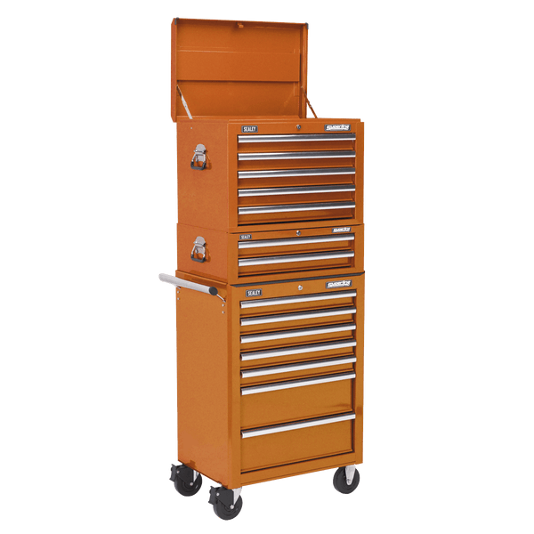 Sealey Tool Chests 14 Drawer Topchest, Mid-Box & Rollcab Combination with Ball-Bearing Slides - Orange-APSTACKTO 5054511124705 APSTACKTO - Buy Direct from Spare and Square