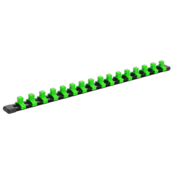 Sealey Tool Storage 3/8"Sq Drive Socket Retaining Rail with 16 Clips - Hi-Vis Green-AK27053HV 5054511234381 AK27053HV - Buy Direct from Spare and Square