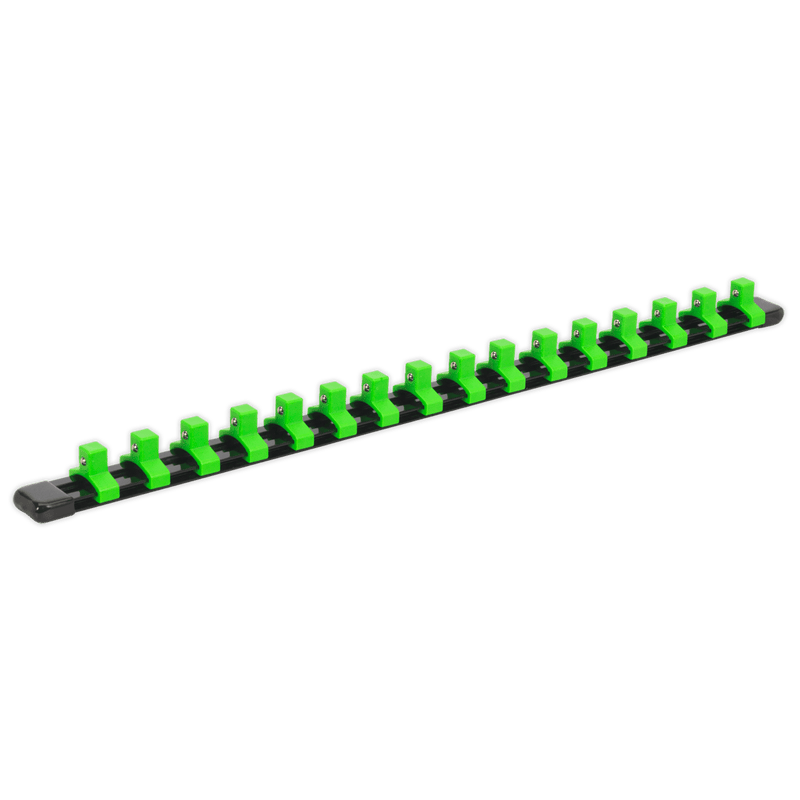 Sealey Tool Storage 3/8"Sq Drive Socket Retaining Rail with 16 Clips - Hi-Vis Green-AK27053HV 5054511234381 AK27053HV - Buy Direct from Spare and Square