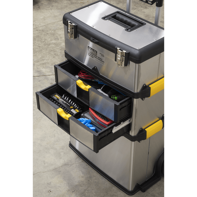 Sealey Tool Storage 3 Compartment Mobile Stainless Steel/Composite Toolbox-AP855 5051747861282 AP855 - Buy Direct from Spare and Square
