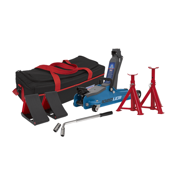 Sealey Trolley Jacks 2 Tonne Low Entry Short Chassis Trolley Jack & Accessories Bag Combo - Blue-1020LEBBAGCOMBO 5054511762624 1020LEBBAGCOMBO - Buy Direct from Spare and Square
