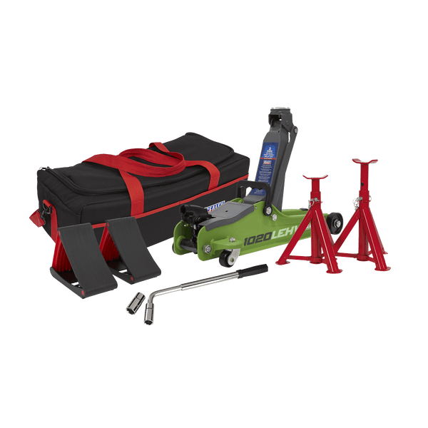 Sealey Trolley Jacks 2 Tonne Low Entry Short Chassis Trolley Jack & Accessories Bag Combo - Hi-Vis Green-1020LEHVBAGCOMBO 5054511762723 1020LEHVBAGCOMBO - Buy Direct from Spare and Square
