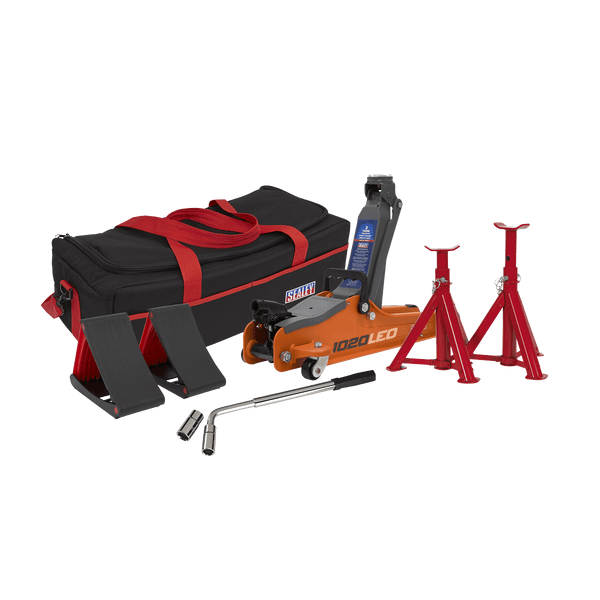 Sealey Trolley Jacks 2 Tonne Low Entry Short Chassis Trolley Jack & Accessories Bag Combo - Orange-1020LEOBAGCOMBO 5054511762730 1020LEOBAGCOMBO - Buy Direct from Spare and Square