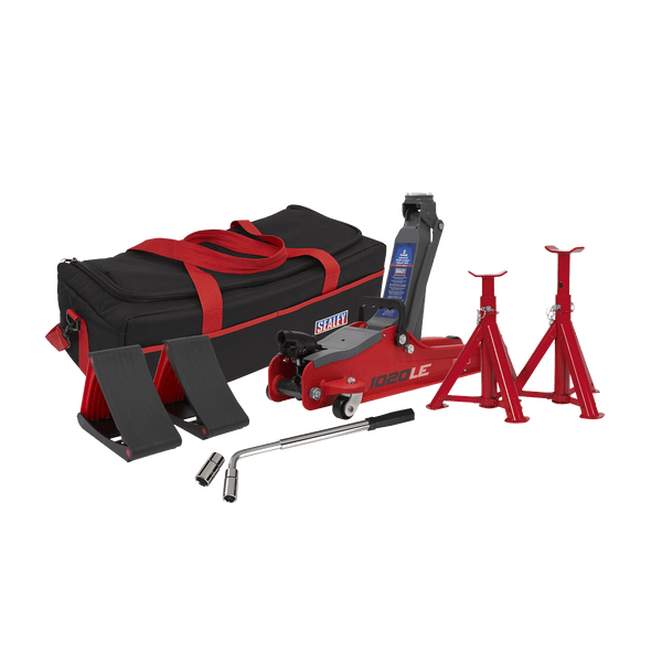 Sealey Trolley Jacks 2 Tonne Low Entry Short Chassis Trolley Jack & Accessories Bag Combo - Red-1020LEBAGCOMBO 5054511762396 1020LEBAGCOMBO - Buy Direct from Spare and Square